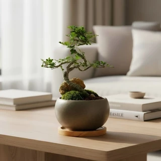 บอนไซ Bonsai พร้อมกระถางเซรามิคทรงกลม+แถมจานรองไม้