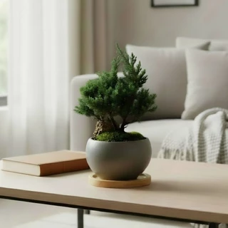 บอนไซ Bonsai พร้อมกระถางเซรามิคทรงกลม+แถมจานรองไม้