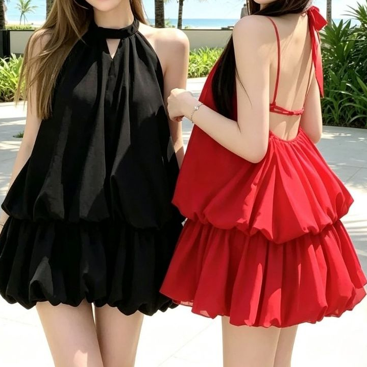 Rosie เดรสคอเชือกแขวนคอ เปลือยหลัง เซ็กซี่ สีดำ สีแดง รุ่นใหม่ฤดูร้อน มีสไตล์และสง่างาม ผ้านุ่มS-XL