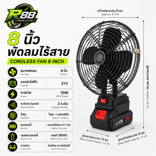 พัดลมแบตเตอรี่ไร้สาย 21V ขนาด 8 นิ้ว ส่ายซ้าย-ขวา 2 ระดับ ตะแกรงโลหะ พร้อมแบตลิเธียม 1 ก้อน เซลล์ 18650