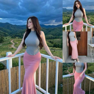 COZE-450-เซ็ต2ชิ้นคอเต่าแขนกุดเสื้อตัวยาวเว้าเอว+กระโปรงทรงยาวหางปลา
