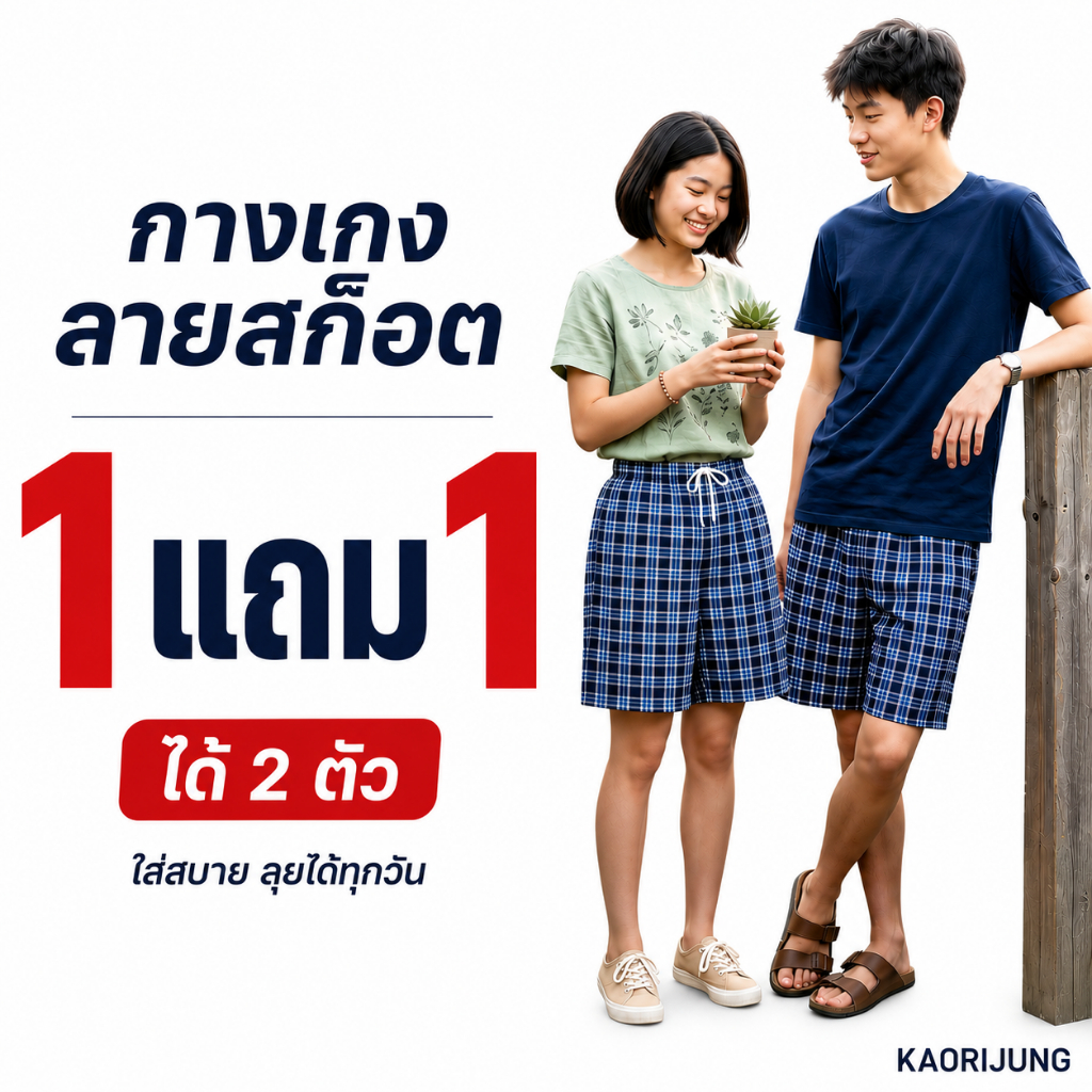 1เเถม1 กางเกงขาสั้น กางเกงลายสก็อต ผ้าฝ้าย3กระเป๋า เอวสม็อคมีเชือกผูก คลละลายคละสี กางเกง รุ่น397