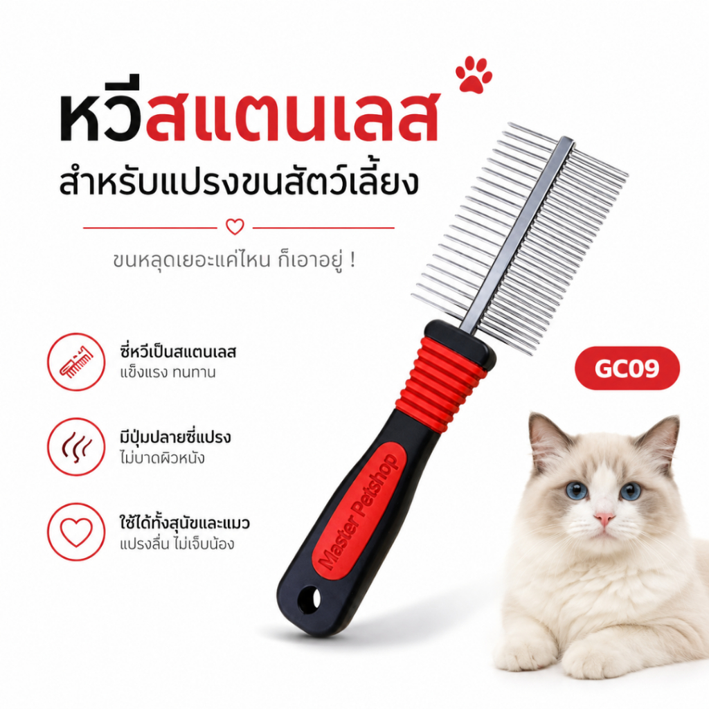 FRANC หวีสแตนเลสสางขน หวีขนแมว หวีขนสุนัข กำจัดเห็บหมัด ซี่ห่าง-ซี่ถี่ ด้ามจับถนัดมือ พร้อมส่ง
