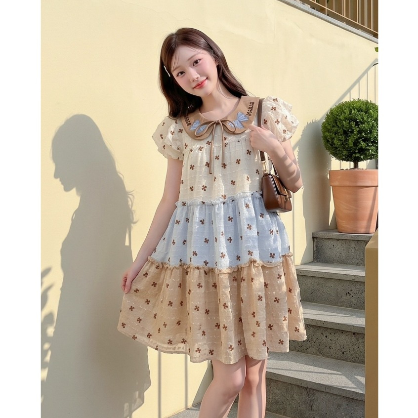 (มีถึง3XL) สีฟ้าน้ำตาล Cheese Choc Dress เดรสทรงปล่อยผ้าชีฟอง ปกคอบัวงานปัก สีน่ารักสดใส ใส่สบาย ซิปหลัง มีซับใน