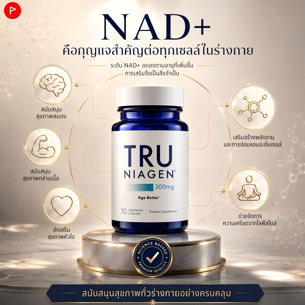TRU NIAGEN อาหารเสริม NAD+ Nicotinamide Riboside NR 300mg สนับสนุนพลังงานเซลล์ 30 แคปซูล