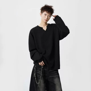 PROMAN เสื้อแขนยาวคอวีลายฮาวน์ทูธผู้ชาย ผ้านุ่มระบายอากาศ ดีไซน์เรียบง่ายสีพื้น ใส่ได้ทั้งชายและหญิง ทรงหลวมจับคู่ง่าย