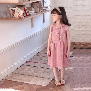 ชุดเซ็ตเสื้อแขนกุดกางเกงขายาวสำหรับเด็กผู้หญิงลายสก็อตกระดุมหลัง ผ้าฝ้าย นิ่ม ใส่สบาย