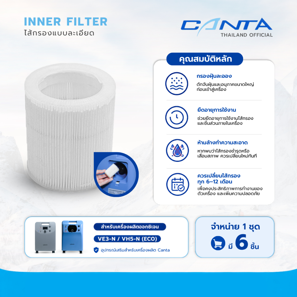 ไส้กรองอากาศเครื่องผลิตออกซิเจน Canta รุ่น VE3-N,VH5-N (ECO) แท้ตรงรุ่น (แพ็ค 6 ชิ้น)