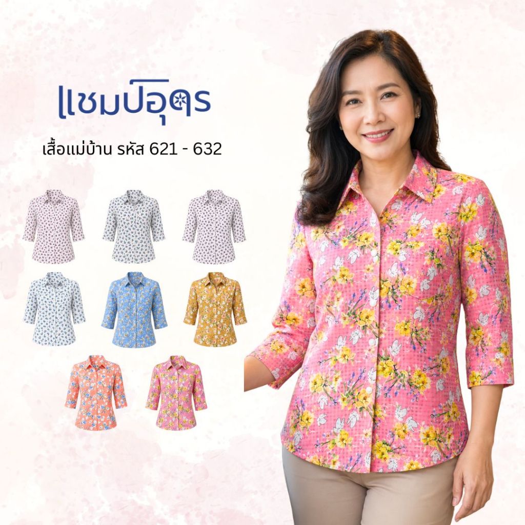 621 - 632 เสื้อแม่บ้านผ้าชีฟองสำหรับผู้สูงอายุ อก 40-52 นิ้ว ใส่สบายไม่ร้อน ดีไซน์ลายดอกไม้ ผ้าไม่ต้องรีด ดีไซน์เข้าใจคว