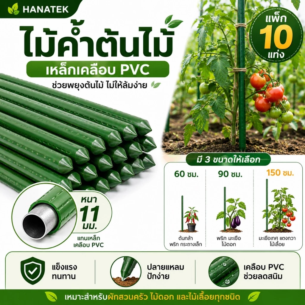 HANATEK ไม้ค้ำต้นไม้ 10 แท่ง เสามะเขือเทศ หลักไม้เลื้อย 11 มม. 60-150 ซม. ทำค้างผัก DIY