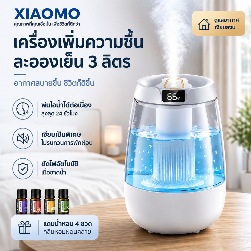【รับประกัน10ป】XIAOMO เครื่องพ่นไอน้ำ เครื่องพ่น 3.5L สปริงเกลอร์คู่ พร้อมไฟกลางคืน จอแสดงผลความชื้น  แถมน้ำหอม4ขวด
