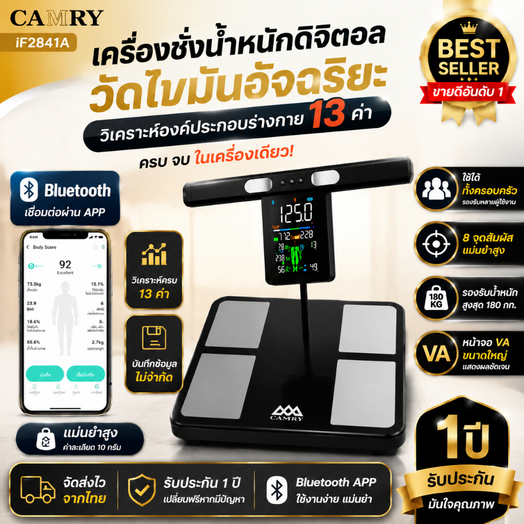 Camry เครื่องชั่งน้ำหนักดิจิตอล วัดไขมันอัจฉริยะ Bluetooth iF2841A เครื่องวิเคราะห์องค์ประกอบร่างกาย วัด BMI ไขมัน กล้าม