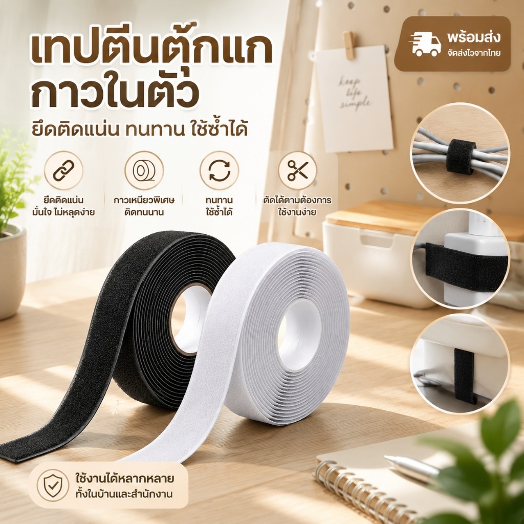 เทปตีนตุ๊กแกกาวในตัว สีดำ ยึดติดแน่น กาวเหนียวพิเศษ ทนทาน ใช้ซ้ำได้ เทปกาวหนามเตย อเนกประสงค์