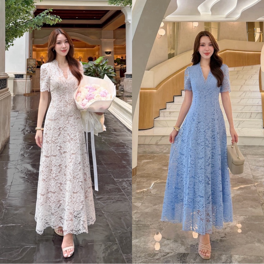 เดรสลูกไม้แขนสั้น งานลูกไม้ทั้งตัว มีซับในทั้งตัว ซิปหลัง กระโปรงทรงยาวพริ้ว เป็นเดรสที่สวยหรู ดูแพง #abi