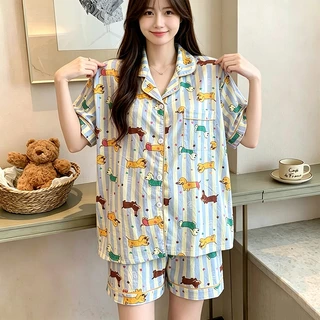 ชุดนอนผู้หญิง มีบราในตัว ไซส์ใหญ่ L-4XL อก52 ลายน่ารัก สุนัขดัชชุนด์ ลายตาราง แขนสั้นแขนยาว ผ้านุ่ม