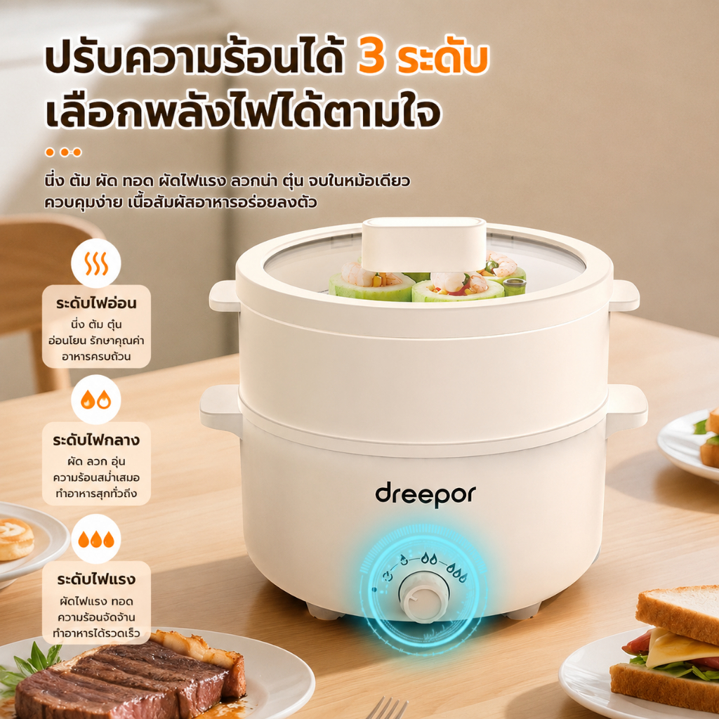 Dreepor หม้อหุงข้าวไฟฟ้า หม้อไฟฟ้าอเนกประสงค์ ซึ้งนึ่งในตัว เคลือบกันติด หุงข้าว ต้ม นึ่ง ชาบู สุกี้ พร้อมส่ง รูปที่ 4