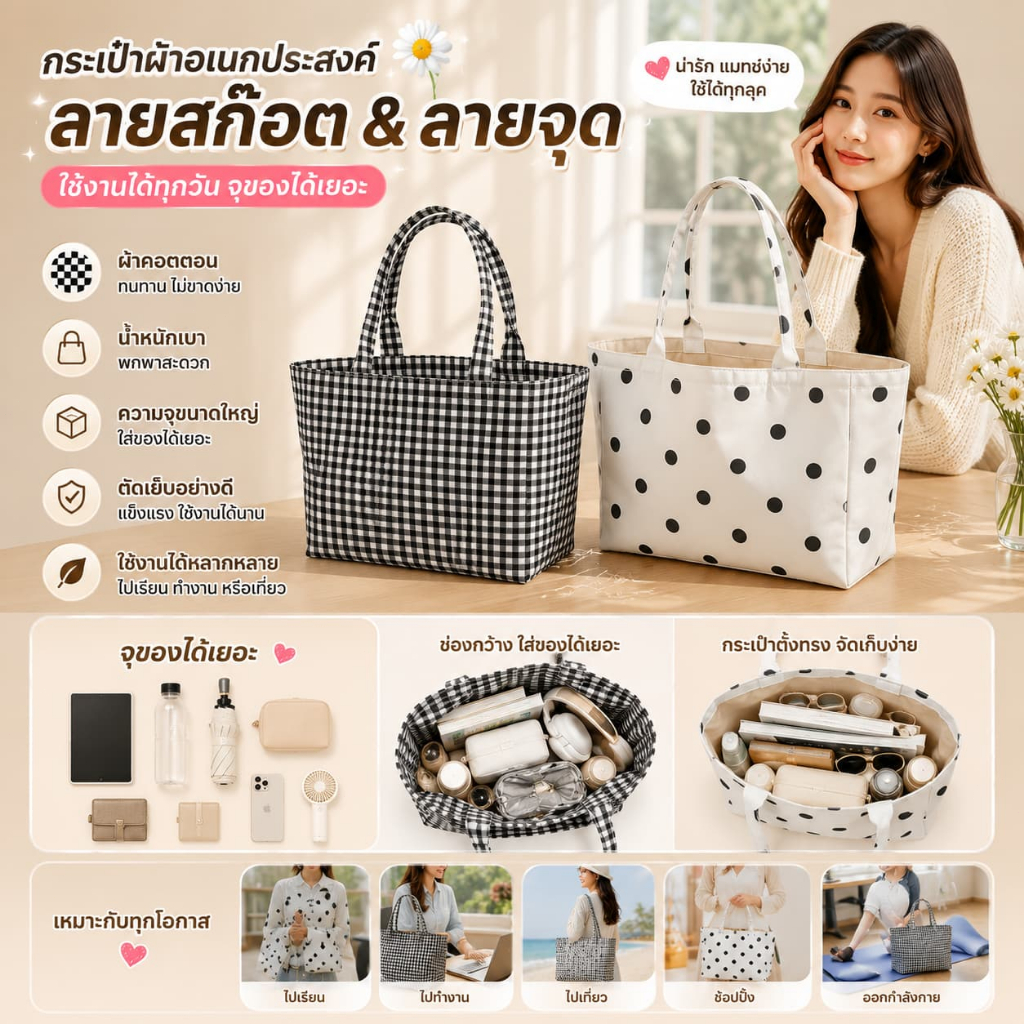 พร้อมส่ง กระเป๋าผ้าแคนวาสพิมพ์ลายสไตล์เกาหลี กระเป๋าโท้ทผู้หญิงดีไซน์น่ารัก สไตล์ชิลๆ รุ่นใหม่ ความจุขนาดใหญ่ ใช้สำหรับไ