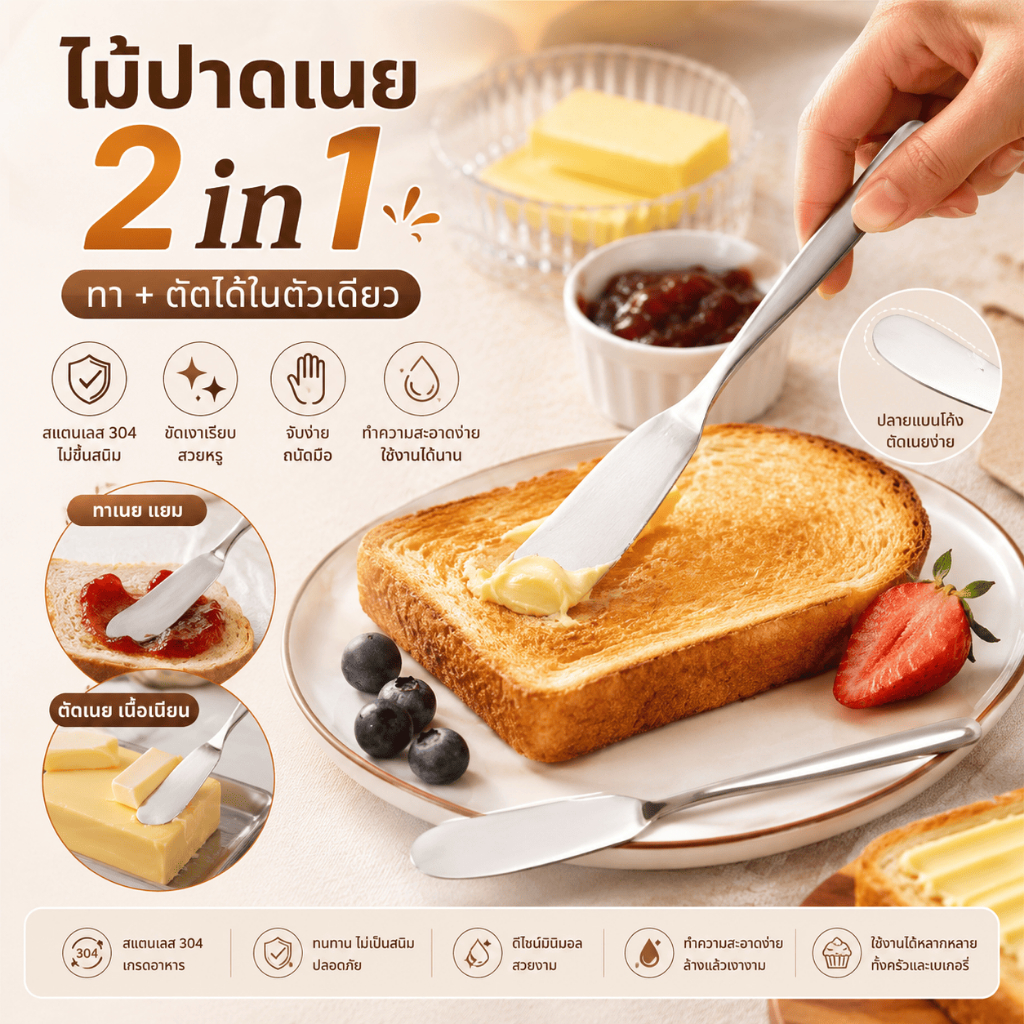 มีดปาดเนย มีดทาแยมสแตนเลสคุณภาพสูง 304 เคลือบเงา ทำความสะอาดง่าย น้ำผึ้ง ขนมปัง