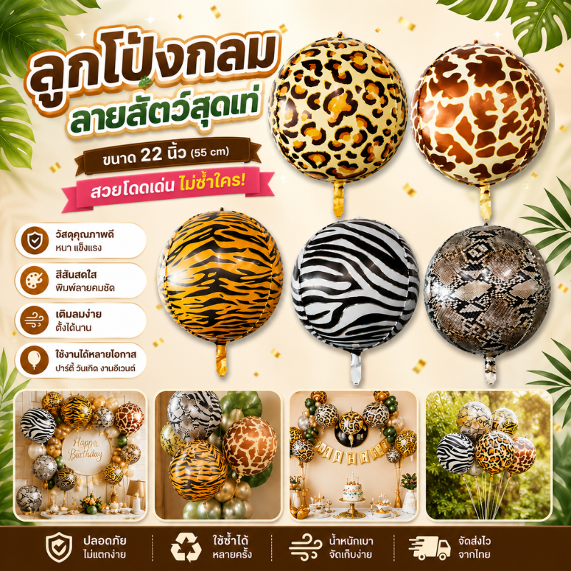 (ร้านไทย)22นิ้ว ลูกโป่งลายสัตว์4D พิมพ์ลายเสือลายยีราฟ ตกแต่งฉากปาร์ตี้ ตกแต่งลูกโป่งฟิล์มอลูมิเนียม
