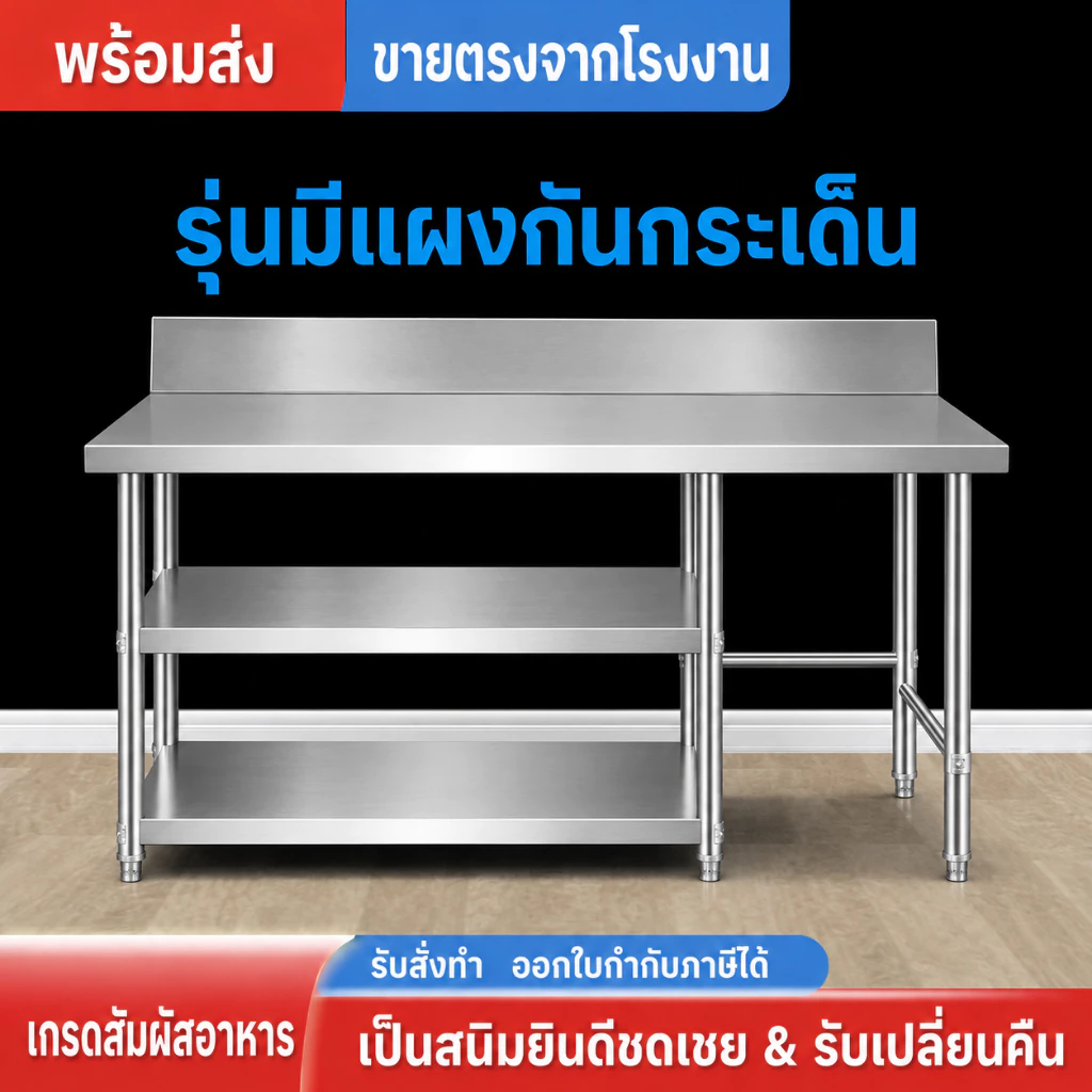 NM โต๊ะวางเตาแก๊ส สแตนเลส 304 โต๊ะเตรียมครัว มีขอบกั้น ปรับชั้นได้ 3ชั้น 80-150cm ทำความสะอาดง่าย