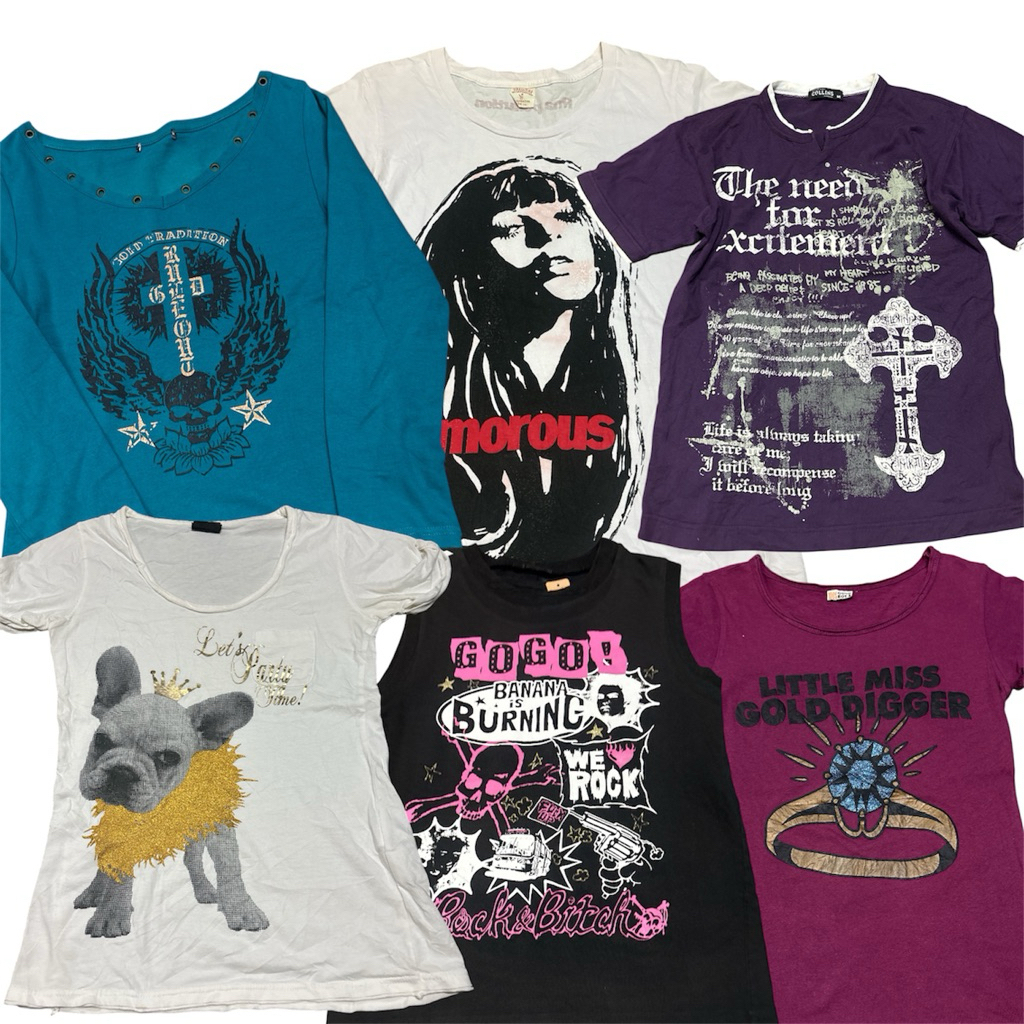 รวมเสื้อผ้า baby tee ลายมันๆ y2k มือสอง สภาพดีลายสวย (update30/July/26)