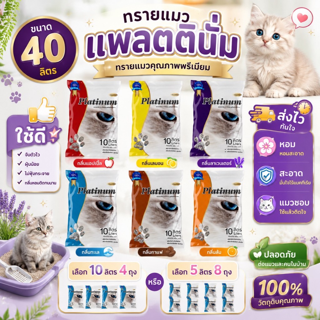 ทรายแมว Platinum 40 ลิตร 6 กลิ่นครบ น้ำหนัก28กิโลกรัมสินค้าพ