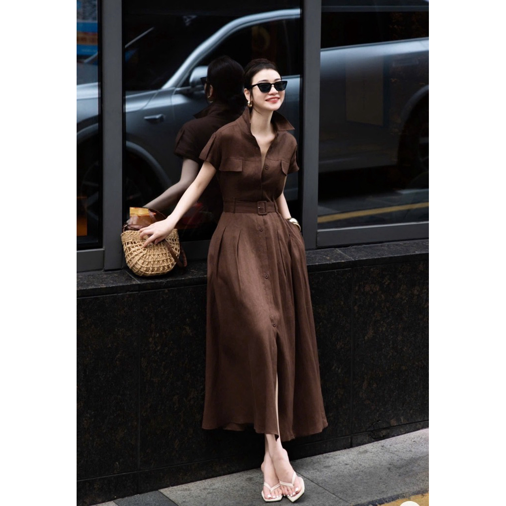 ONLY ME Midi Dress เดรสสึน้ำตาล ผ้าคอตตอน+ลินิน สะโพกปล่อย ผ้านิ่ม ตัวนี้สวย หรู ดูแพง