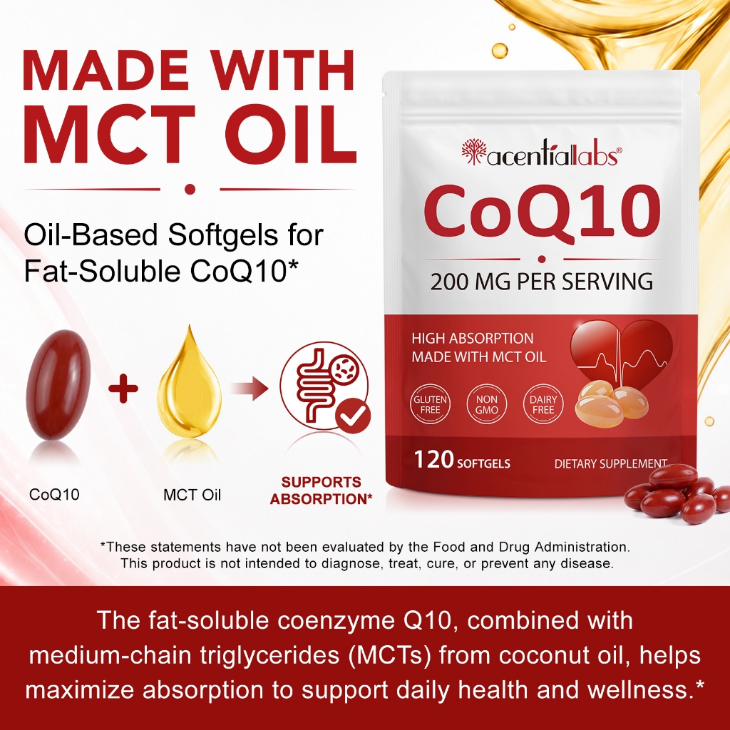 Acentiallabs Coenzyme Q10 200mg MCT Oil 120 Softgel ดูดซึมสูง บำรุงหัวใจ ต้านอนุมูลอิสระเสริมพลังร่างกาย