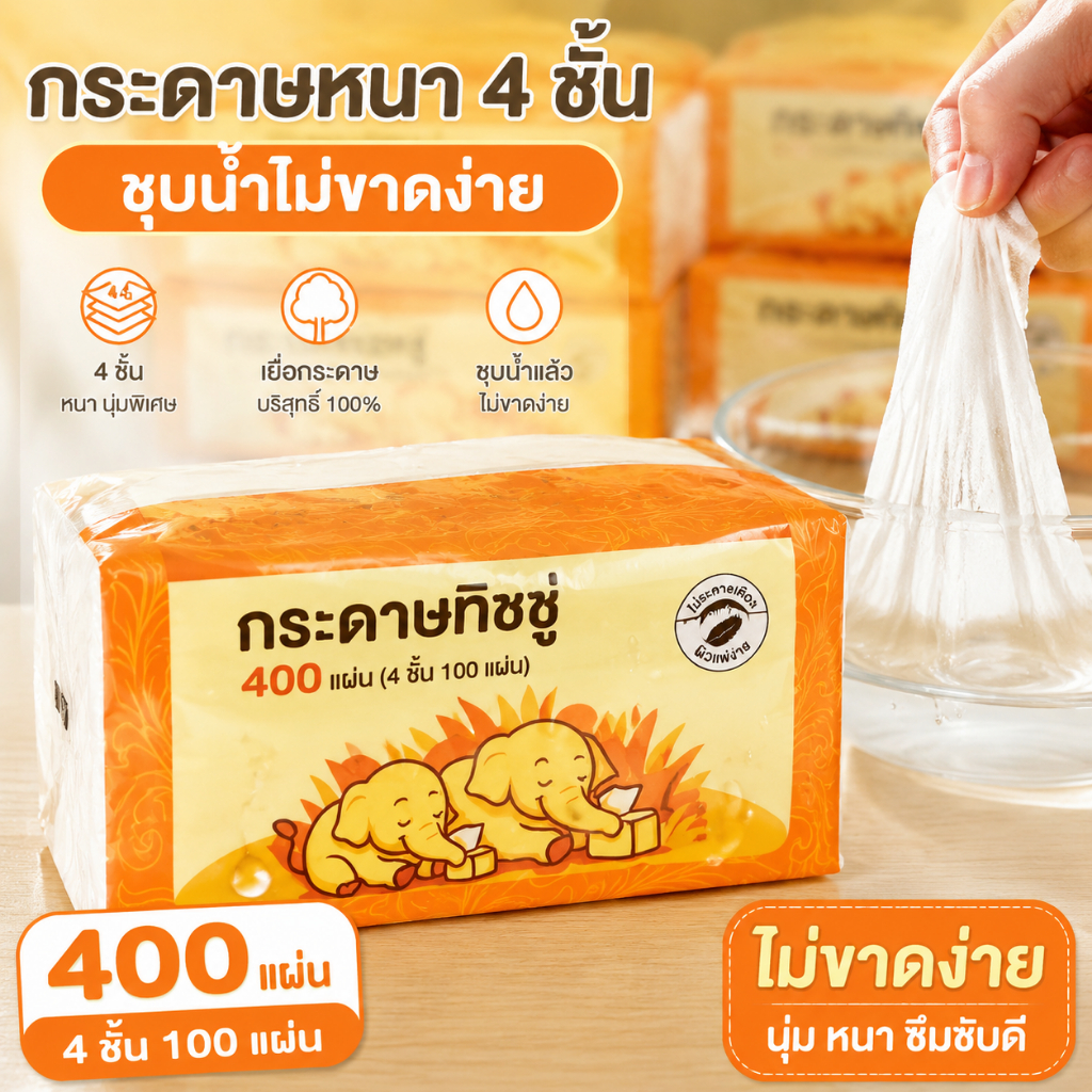 ทิชชู่ ทิชชู่เยื่อไม้ 4 ชั้น 400 แผ่น ซับน้ำไม่ขาด ทารกปลอดภัย