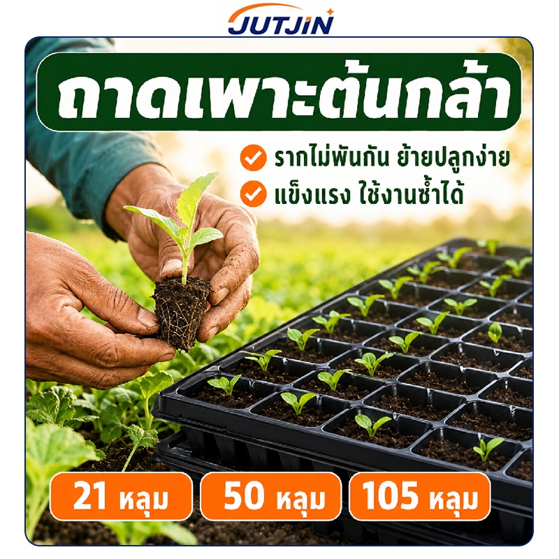 ถาดเพาะเมล็ด 21/50/105 หลุม สำหรับเพาะพันธุ์พืชหลากหลาย พลาสติกยืดหยุ่น ไม่ขังน้ำ ช่วยลดปัญหารากเน่าและดูแลต้นอ่อน