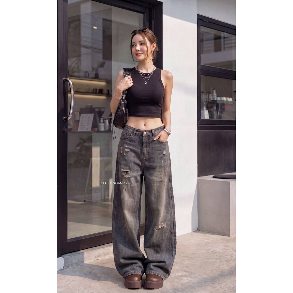 #Cotton Candy กางเกงยีนส์ฟอกสีเฟดสไตล์วินเทจสีเลอะสนิม #292 New berdox korea jeans
