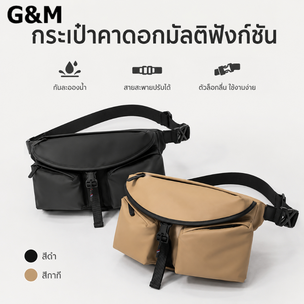 G&M-CODกระเป๋าคาดอก/คาดเอวกันน้ำ สีดำ Unisex Gorpcore ใส่ iPad 9.7 นิ้วได้ หลายช่อง ใหญ่จุใจ ไปทำงานหรือเดินทางก็ปัง