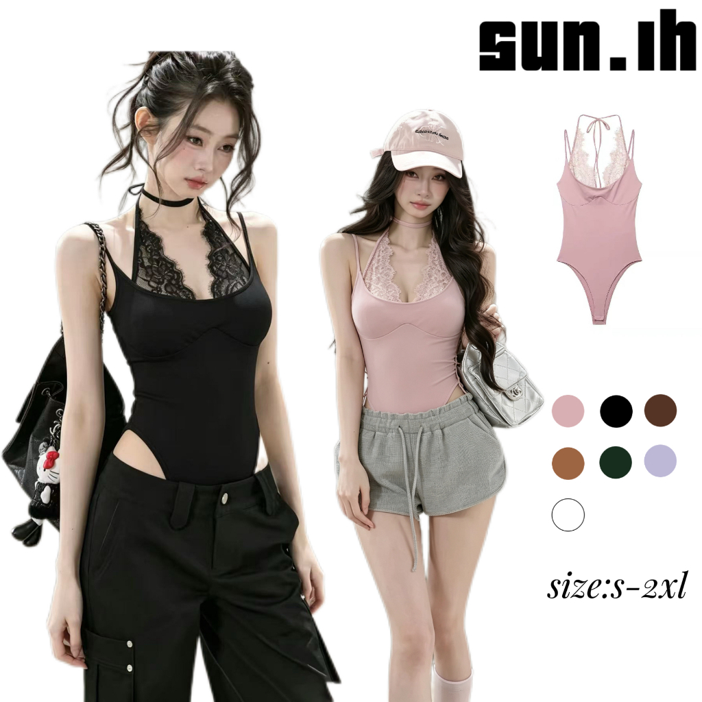 SUN พร้อมส่ง เสื้อสายเดี่ยวผ้าลูกไม้เซ็กซี่แบบสองชิ้นประกบกัน ทรงเข้ารูป เสื้อลูกไม้แขนกุดสำหรับฤดูร้อน