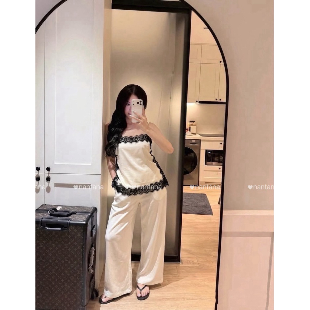 hmwe shop Set เสื้อสายเดี่ยวลูกไม้+กางเกงขายาวผ้าลินิน แมทมาให้แบบจึ้งๆ สาวชอบเรียบๆ