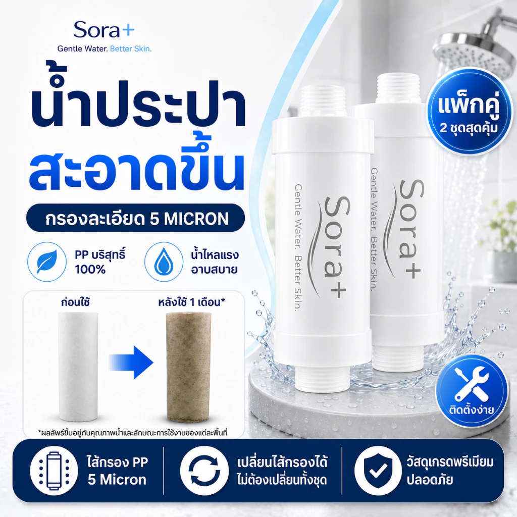 [แพ็ค 2 ชิ้น] Sora+ | กรองน้ำฝักบัว Shower Filter ไส้กรองฝักบัว 5 ไมครอน กรองอาบน้ำ ลดสนิม ลดตะกอน