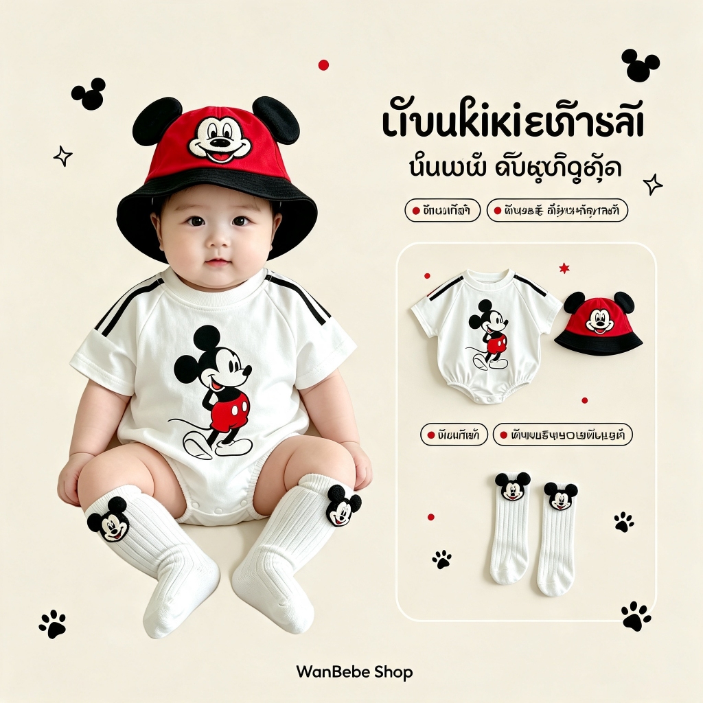บอดี้สูทเด็กทารกลายมิกกี้เมาส์ เซต3ชิ้น เสื้อ+หมวก+ถุงเท้า ผ้านุ่มระบายอากาศ ชุดถ่ายรูปเบบี้