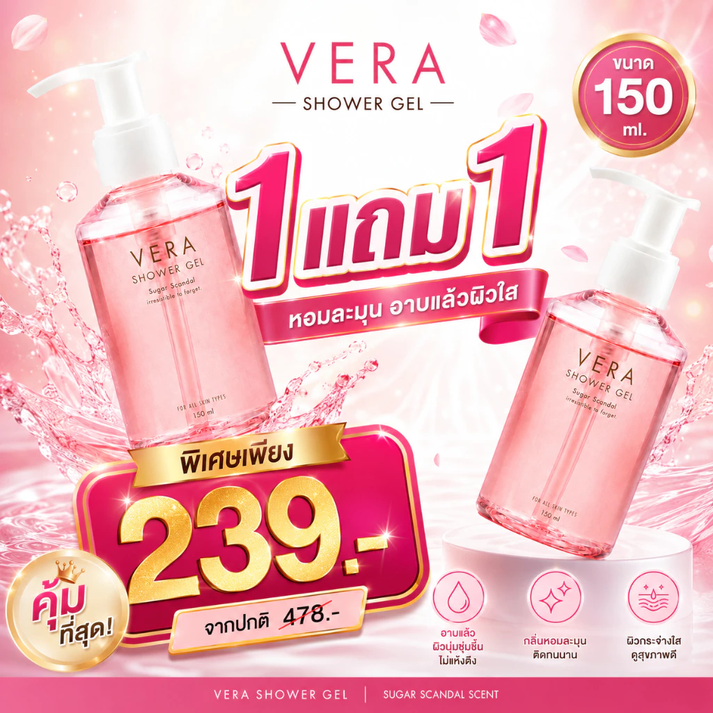 [ พิเศษ เจลอาบน้ำ 1 เเถม 1 ] VERA SHOWER GEL ผิวสะอาดใส หอมละมุน