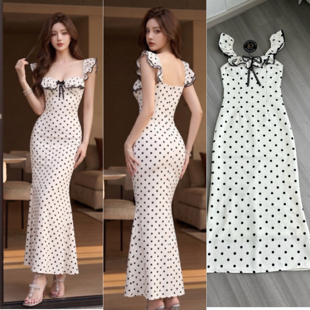 Maxi เดรสสายเดี่ยวสีครีม ลาย Polka Dots สายแต่งระบายเป็นสม็อคยืดหยุ่น ดีเทลแต่งลูกไม้สีดำระบายด้านหน้า