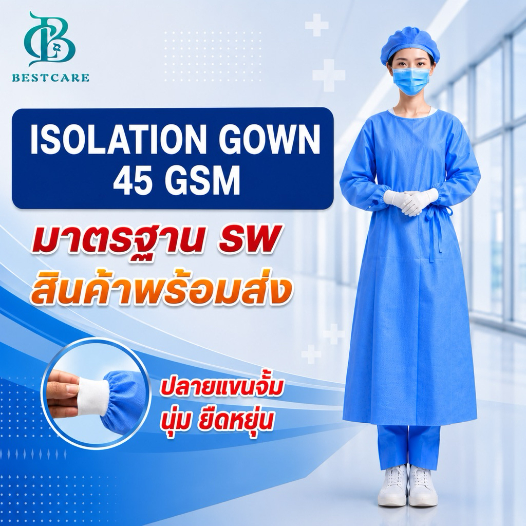 ส่งไวปานจรวด ISOLATION GOWN BESTCARE(ตรงปก)ผ้าทอSMS คุณภาพดี1:1 หนา45 GSMมาตรฐาน รพ ป้องกันเชื้อโรคใช้แล้วทิ้ง