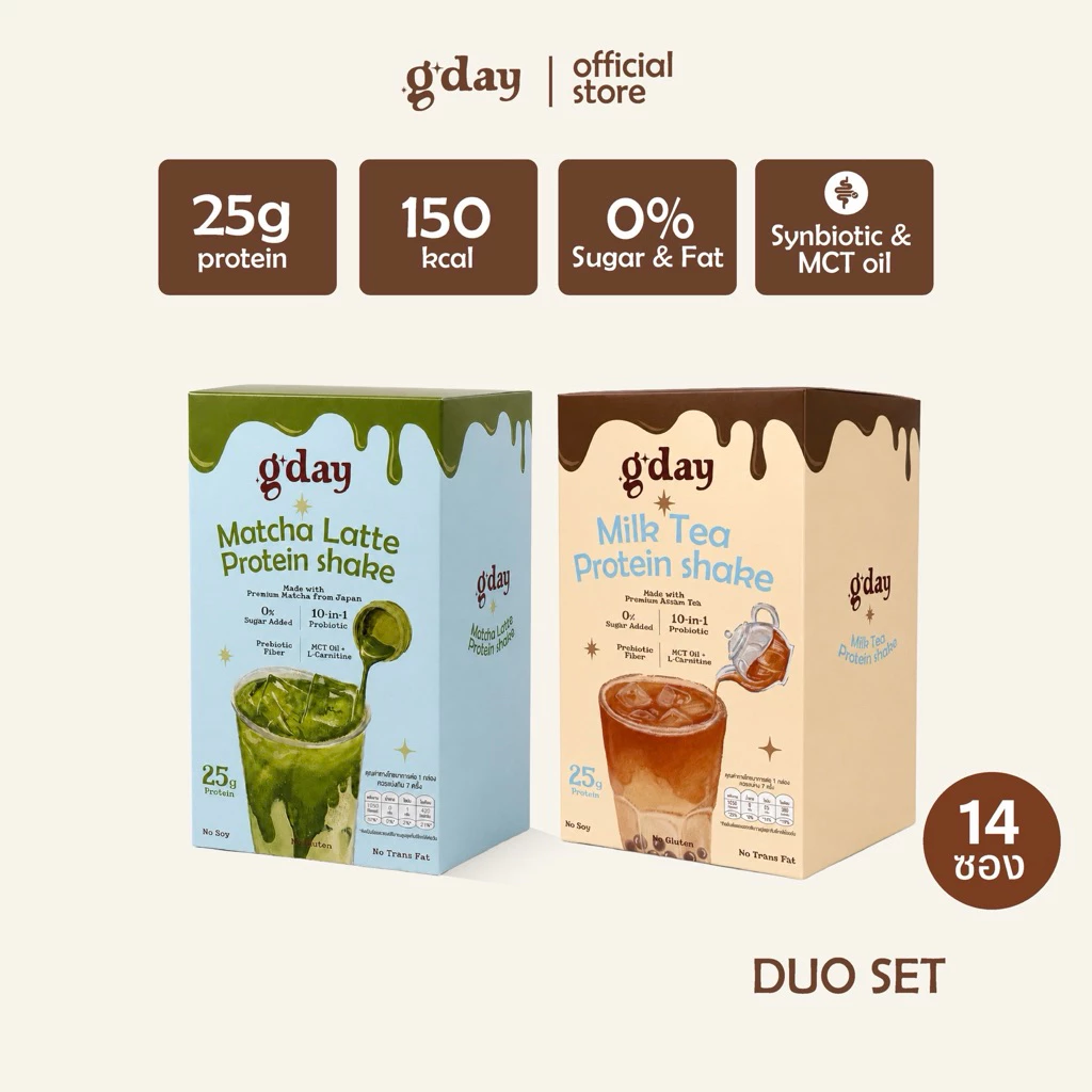 [Duo Set 14ซอง สุดคุ้ม]G'day Shake Whey Protein Isolate with Probiotics รส Matcha+Milk tea โปรตีนเชคแบบซองพกพา โปรตีนสูง