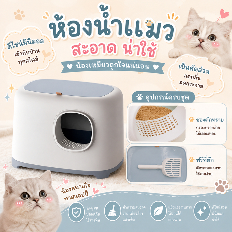 ห้องน้ำอวกาศ ห้องน้ำมินิมอล พร้อมที่ตักทราย ห้องน้ำแมวทรงโดม มีฝา ทราย กระบะทรายแมว ป้องกันทรายกระเด็น