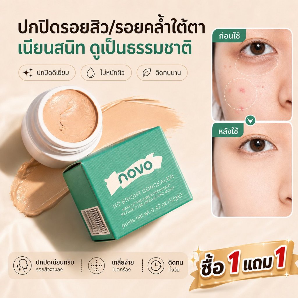 สินค้าพร้อมส่ง NOVO คอนซีลเลอร์กระปุก เนื้อครีม ปกปิดเนียน กันน้ำ กันเหงื่อ ติดทนนาน ผิวแห้งใช้ได้ ลุคผิวธรรมชาติ