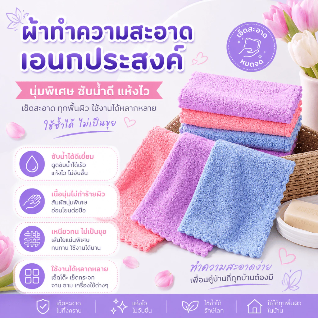 XSJ-02【ขนาด 25x25 ซม.】ผ้าเช็ดโต๊ะเอนกประสงค์ ผ้าขี้ริ้ว ผืนเล็ก ซับน้ำดี แห้งไว พร้อมส่ง