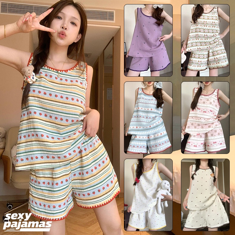 sexy pajamas🚫❌สายเดี่ยว+ขาสั้น ชุดนอนผู้หญิง ชุดนอนแฟชั่น คอกลม โอเวอร์ล็อก สไตล์เกาหลี ลายการ์ตูน ผ้านิ่ม ใส่สบาย