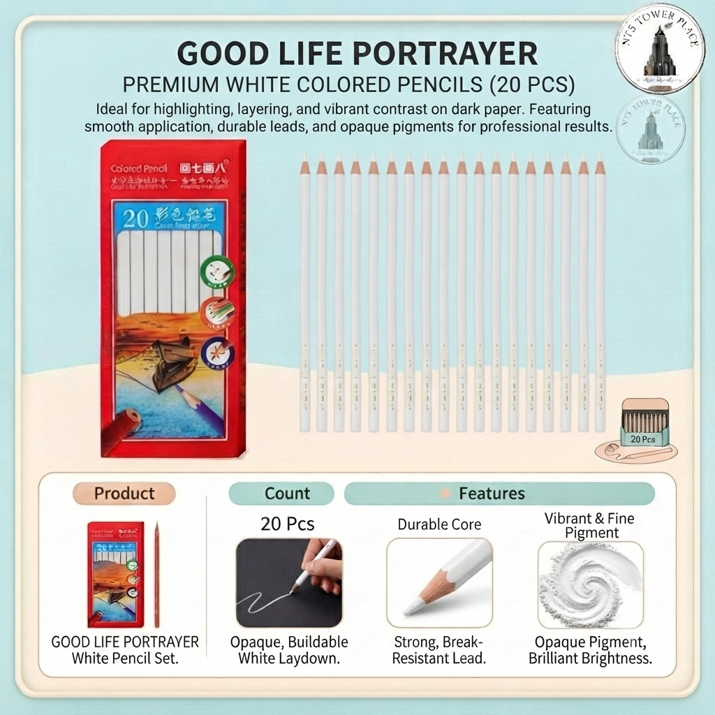 PATIKIL ดินสอสีไม้ Good Life Portrayer สีขาว (20 แท่ง/กล่อง) | สีสด ไส้นุ่ม ระบายลื่น