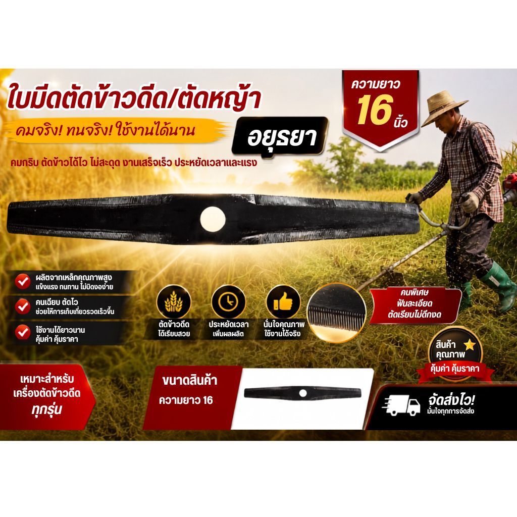 ใบตัดข้าวดีด อยุธยา ยาว 16 นิ้ว หนา 2มิล แระฟัน ทำจากเหล็กคุณภาพ