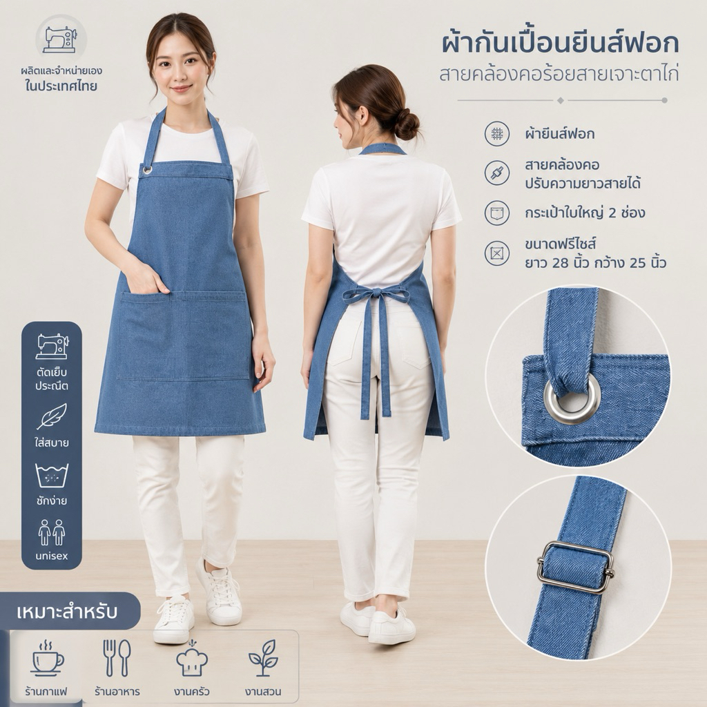 ผ้ากันเปื้อนยีนส์ฟอก สายคล้องคอร้อยสายเจาะตาไก่