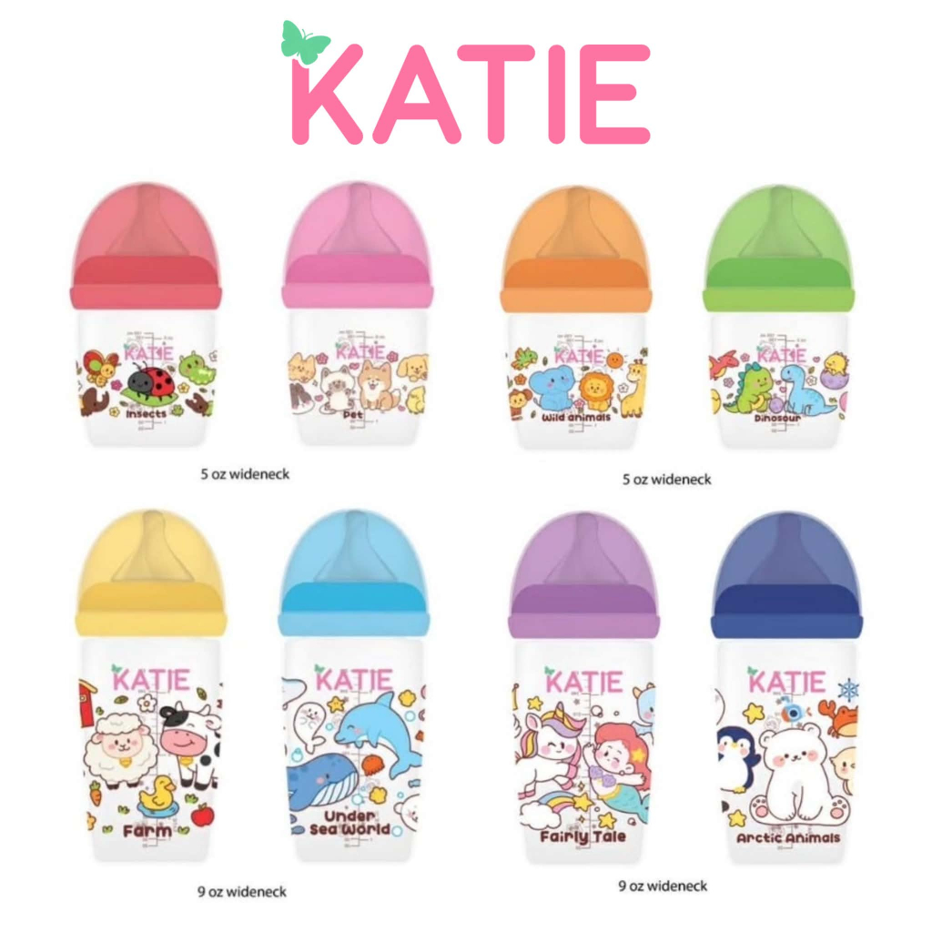 แพ็คx2 ขวดนมเด็ก จุกนมไม่ดูดไม่ไหล KATIE (เคที่) ขวดนมคอกว้าง PP ขนาด 5 และ 9 ออนซ์