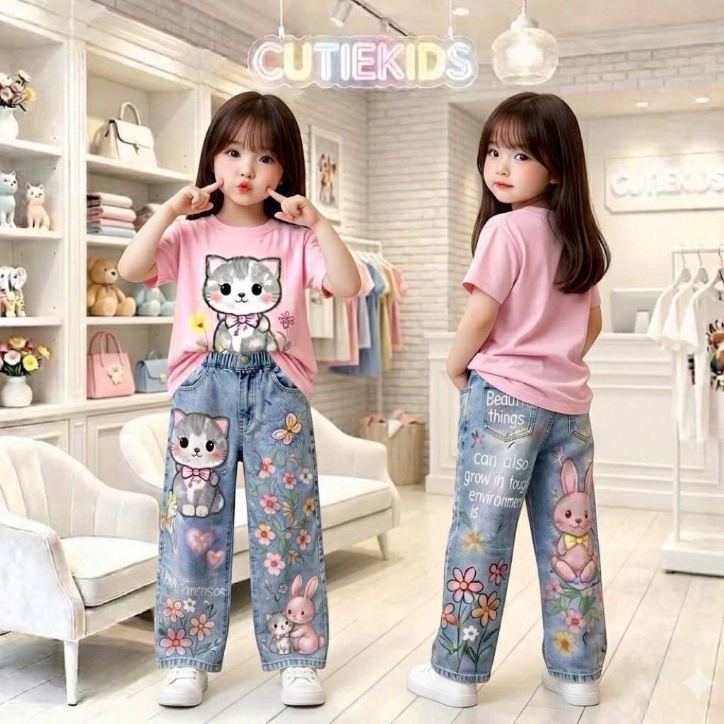 ชุดเซ็ตเสื้อยืดพิมพ์ลายการ์ตูน พร้อมกางเกงยีนส์ งานป้าย Cutie Kids (พร้อมส่ง)