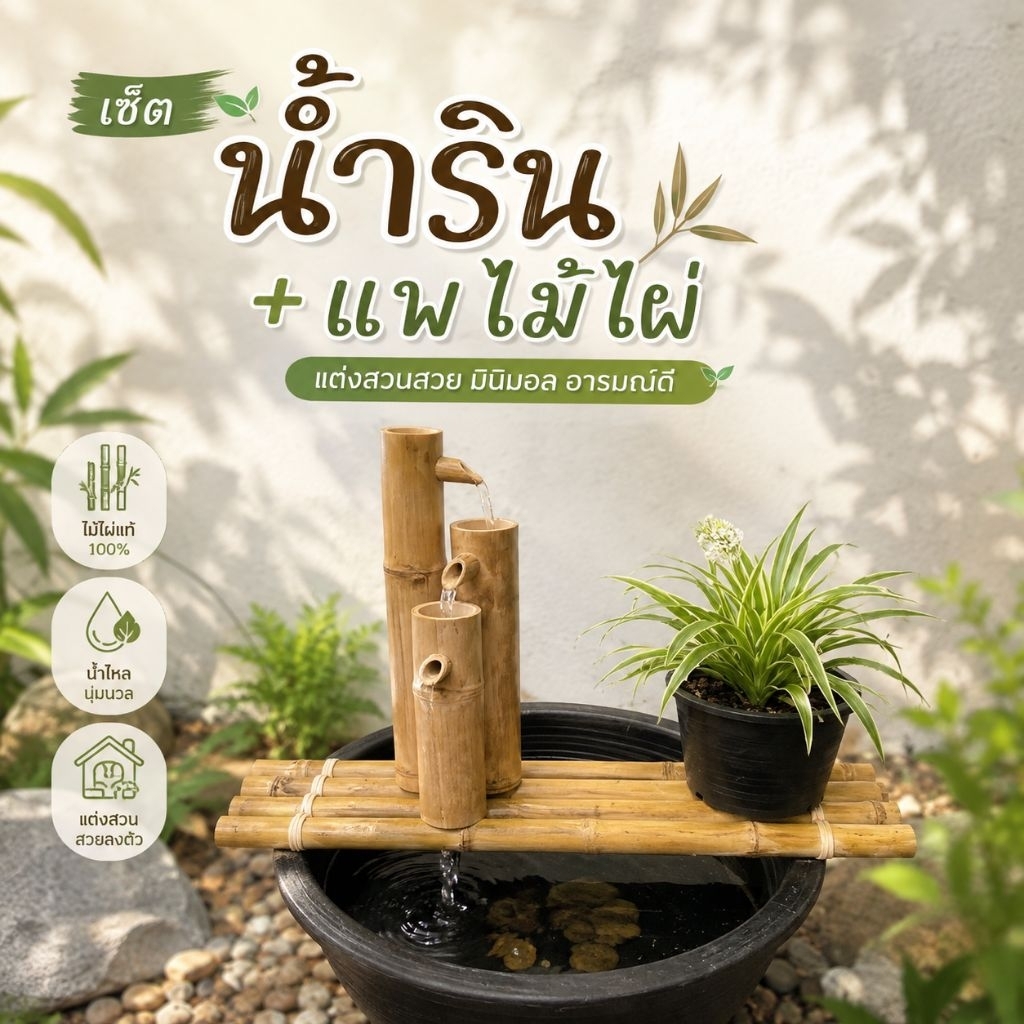 น้ำตกไม้ไผ่ น้ำรินไม้ไผ่ สไตล์ญี่ปุ่น ตกแต่งสวน น้ำไหลผ่อนคลาย งานทำมือ (ไม่รวมปั๊ม)